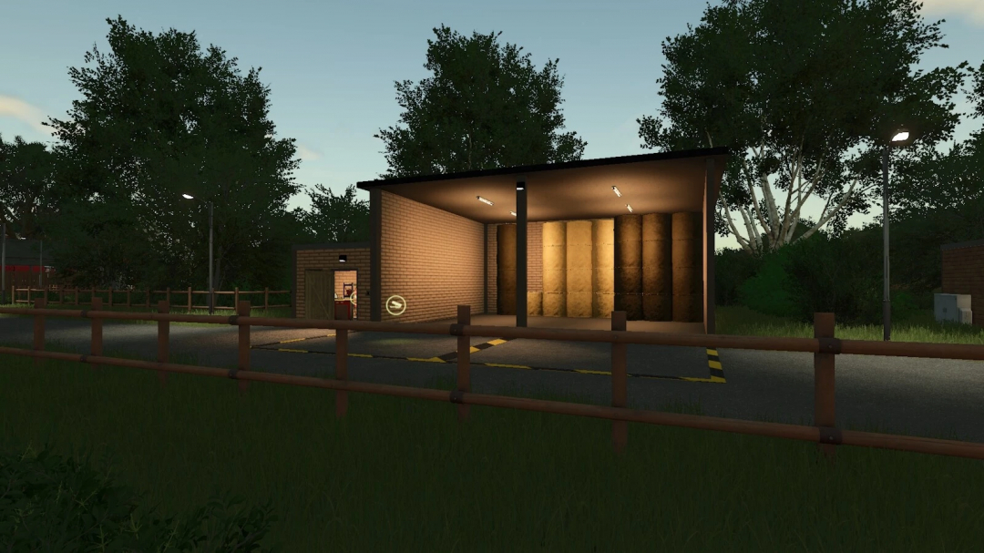 Bale storage facility in FS25 Bale Storage Pack mod, depicting a lit brick building in a grassy area.