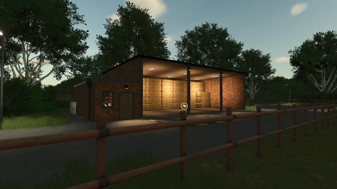 A bale storage facility in FS25 game mod Bale Storage Pack v1.0.0.0, surrounded by trees and a wooden fence.