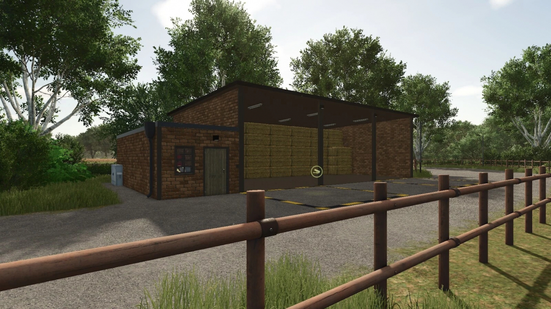 Bale Storage Pack mod for FS25 showing a barn filled with stacked hay bales and surrounded by trees.