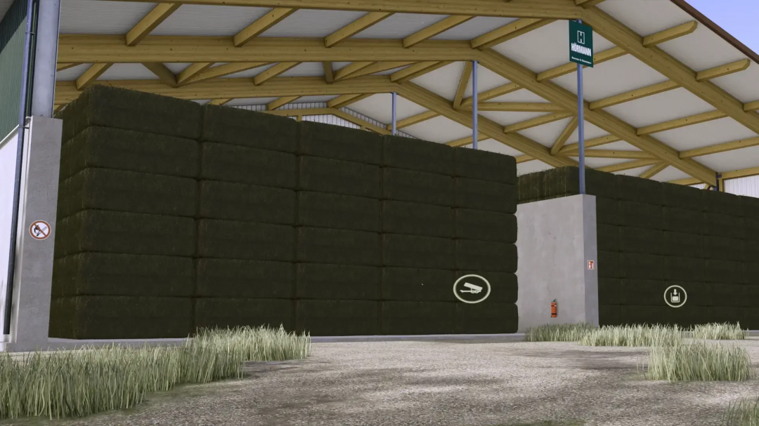 FS25 mod Bale Storage XXL v1.0.0.0 for Farming Simulator 25, showcasing stacked bales inside a modern storage facility.