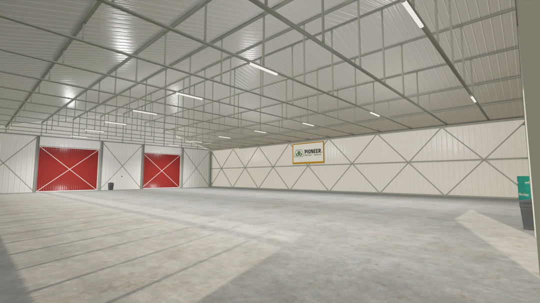 Interior of Big Metal Shed mod for FS25, featuring spacious design with red doors and metallic framework.