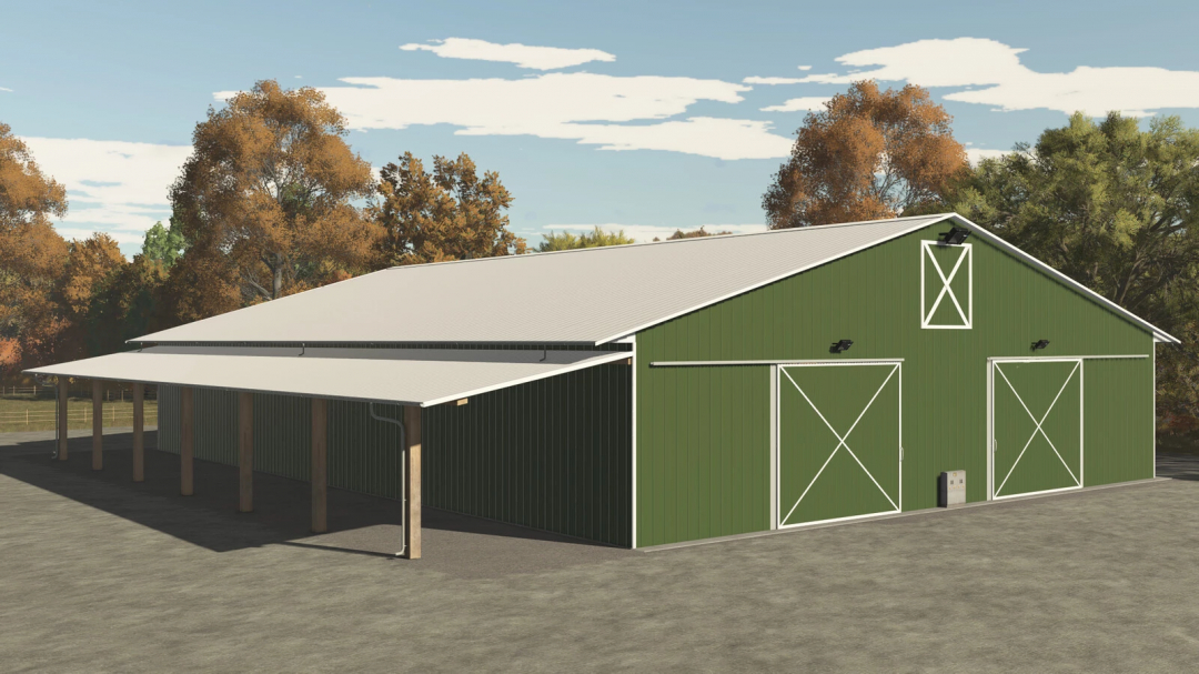 Big Metal Shed mod for FS25, featuring a large green barn with sliding doors, set in a rural landscape.