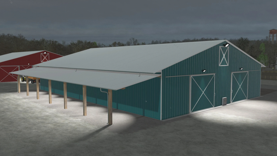 Big Metal Shed mod in FS25 showcasing a large lighted barn with teal walls and a side canopy at dusk.