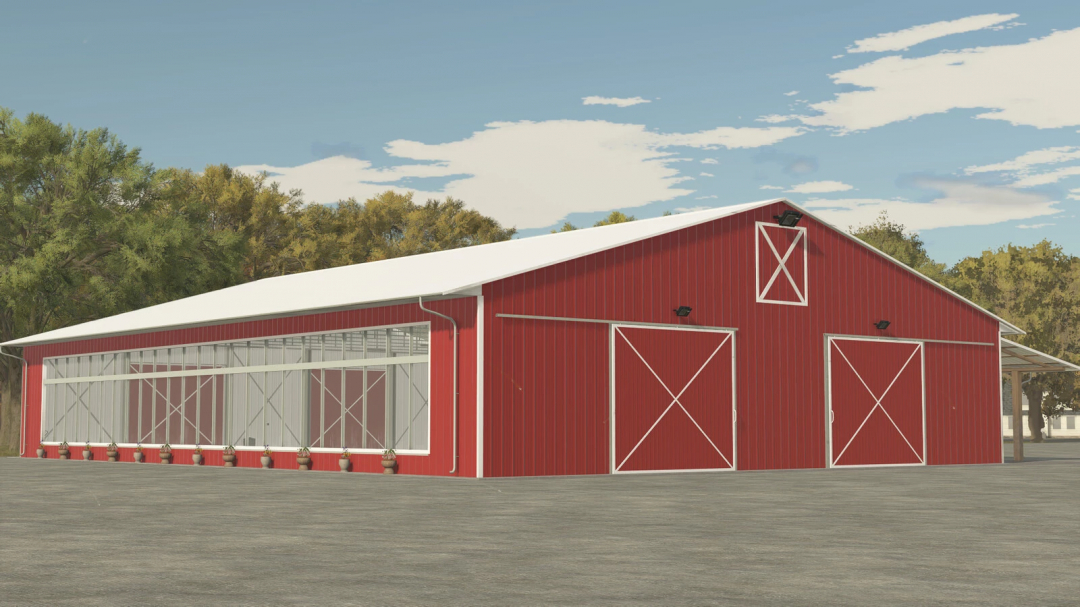 Big Metal Shed mod in Farming Simulator 25, features a large red barn with white trim and sliding doors.