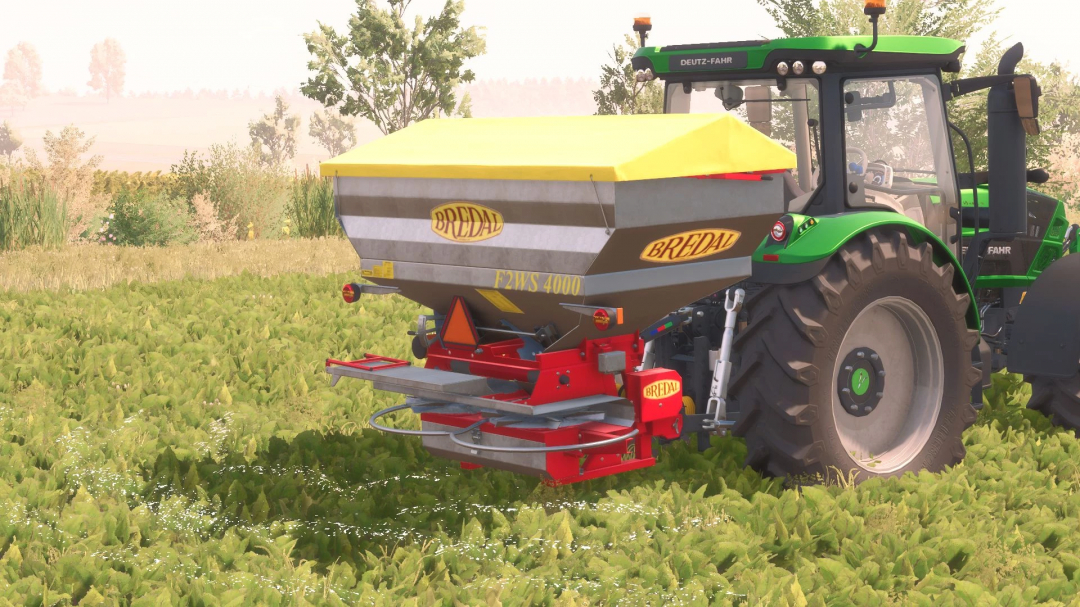 Bredal F2WS4000 mod in Farming Simulator 25 attached to a green Deutz-Fahr tractor in a field.