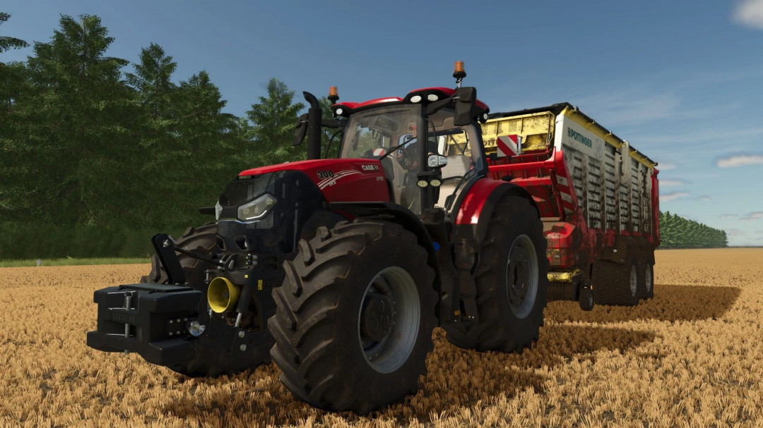 Case IH Optum AFS tractor mod in FS25 towing a trailer in a field.