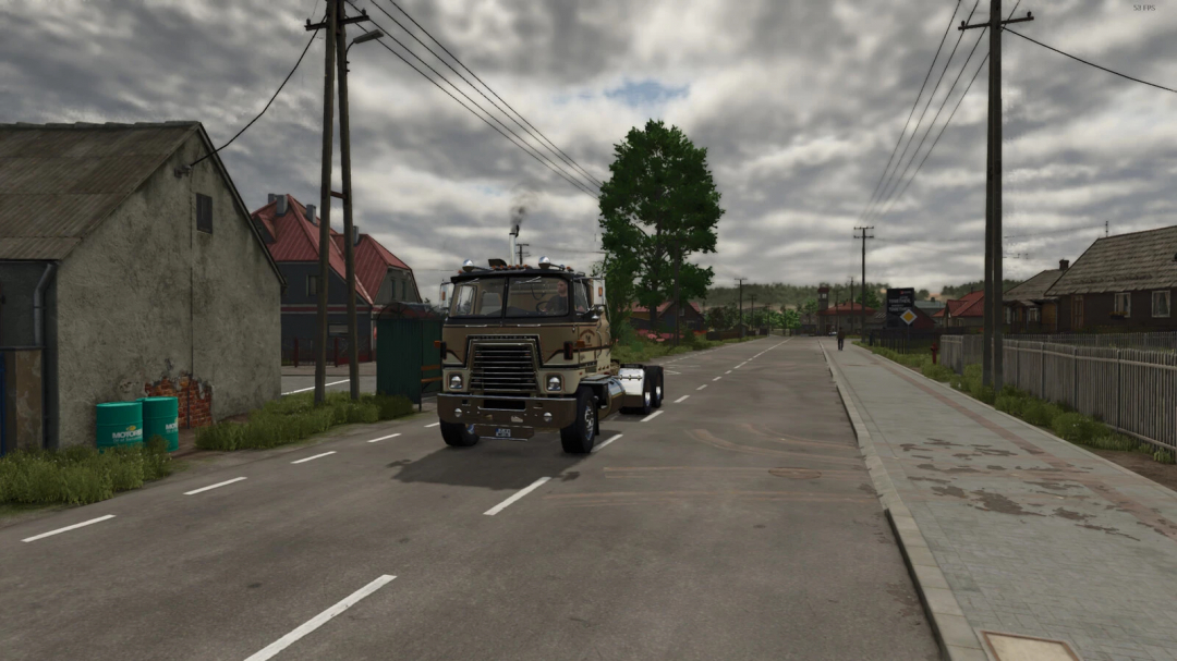 Truck with dark exhaust smoke mod in FS25 driving on a rural road.