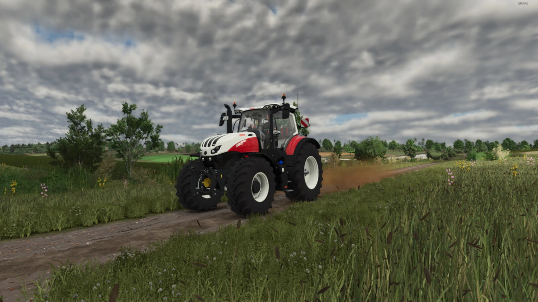 Tractor emitting dark exhaust smoke in FS25 mod on a scenic farmland road.