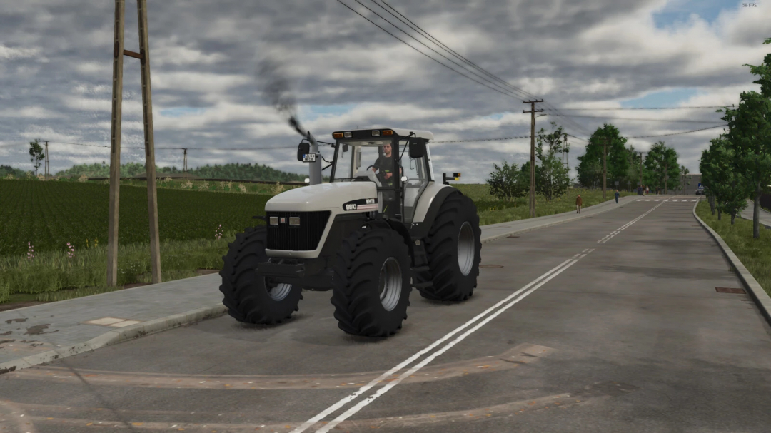 Large white tractor emitting dark exhaust smoke on a road in Farming Simulator 25 mod.