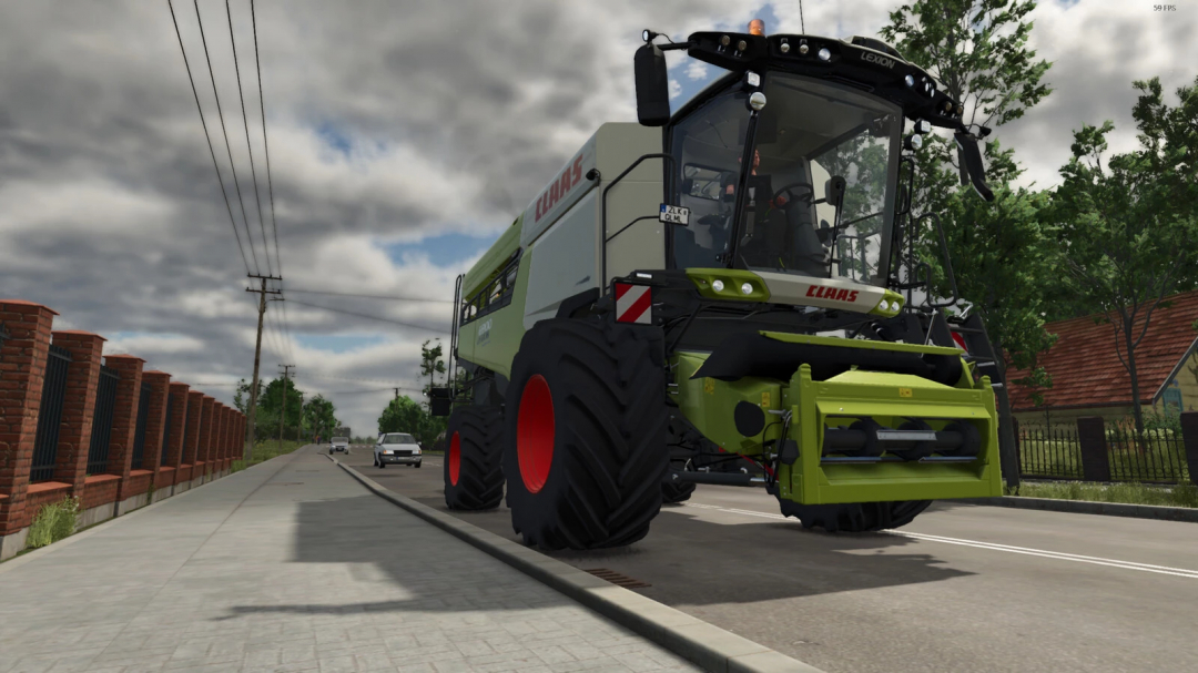 FS25 mod Dark Exhaust Smoke v1.0.0.2 showing a Claas harvester on a road, emphasizing mod features in Farming Simulator 25.