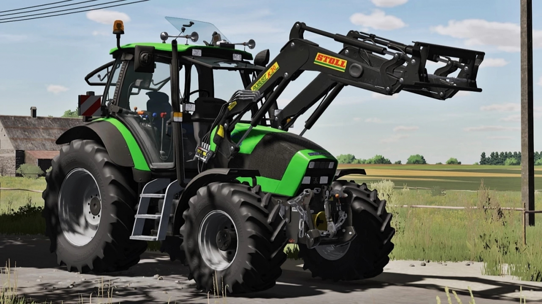 Deutz Fahr Agrotron Series tractor mod in FS25 featuring a green body with front loader attachment.