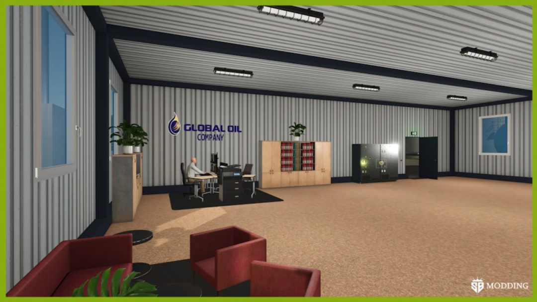 Interior of an office in FS25 Diesel Production mod v1.0.0.0 with desks, cabinets, and Global Oil branding.