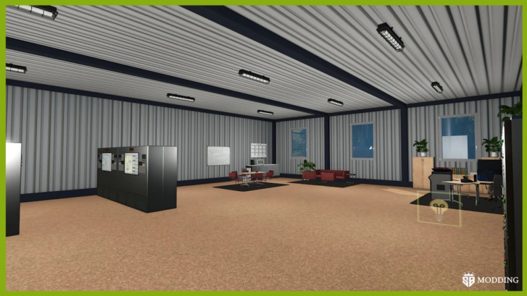 Interior of Diesel Production mod in FS25 with office equipment and furniture setup.