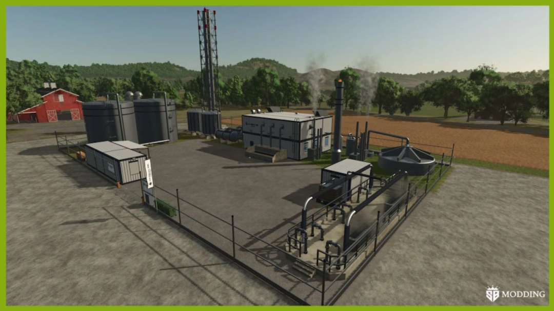 FS25 Diesel Production mod showing industrial facility with tanks and chimneys against rural backdrop.