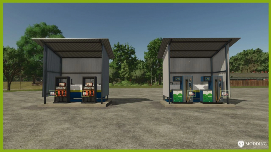 FS25 Diesel Production mod shows two fuel stations in Farming Simulator 25 environment.