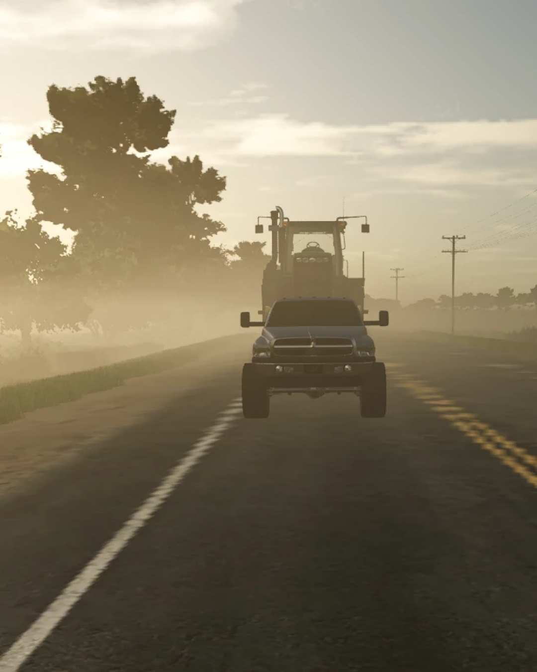 Front view of Dodge 2500 Ross Modding on road in FS25, highlighting Farming Simulator 25 mods.