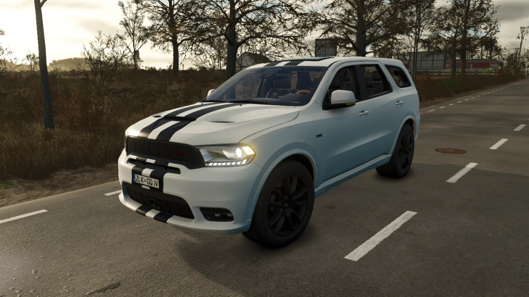 Dodge Durango SRT mod in Farming Simulator 25, a sleek white SUV with racing stripes on a rural road. FS25 mods, Farming Simulator 25 mods.