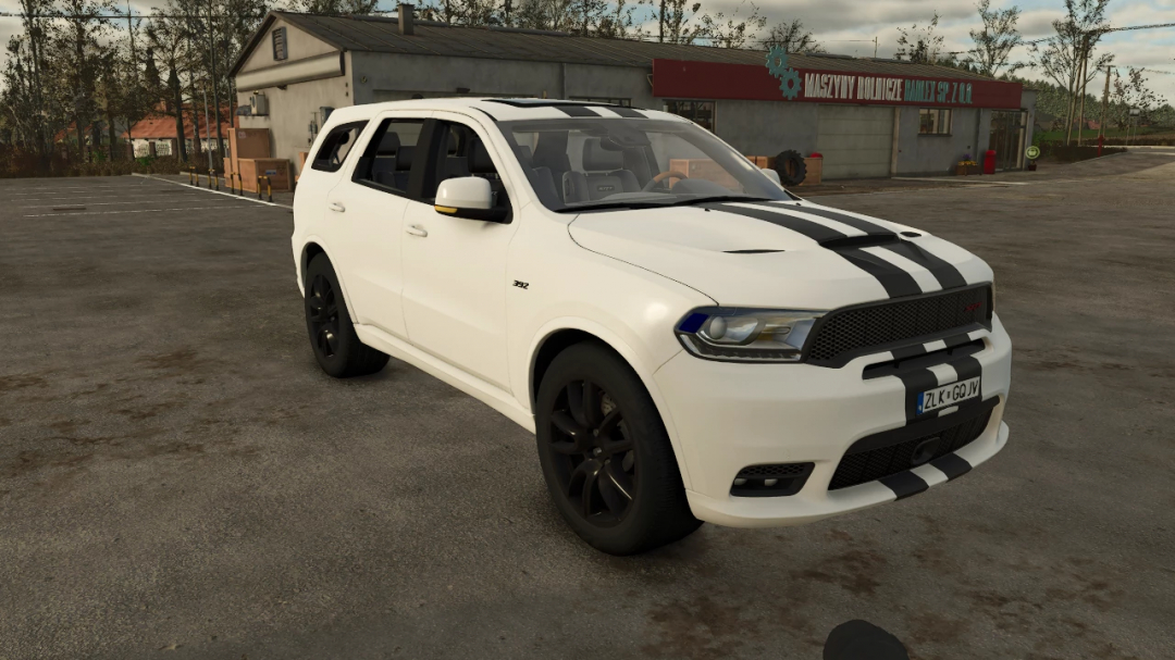 White Dodge Durango SRT mod in Farming Simulator 25, parked near a building.