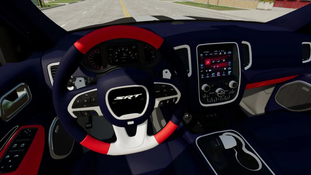 Interior view of the Dodge Durango SRT mod in FS22, showcasing the steering wheel and dashboard. FS22 mods, Farming Simulator 22 mods.