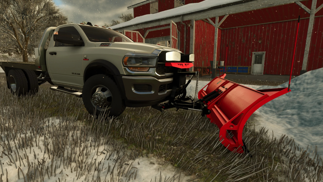 Dodge Ram 5500 with snow plow mod in FS25, parked near a red barn in a snowy setting