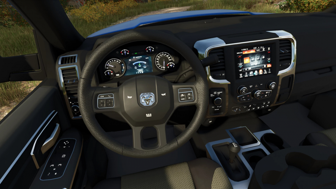 Interior view of Dodge Ram 5500 mod for FS25, showcasing dashboard and steering wheel details.