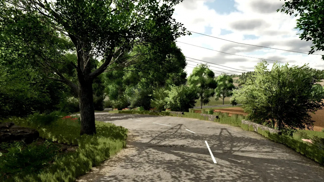 Scenic landscape with trees and a road in FS25 Oltenbug mod for Farming Simulator 25.