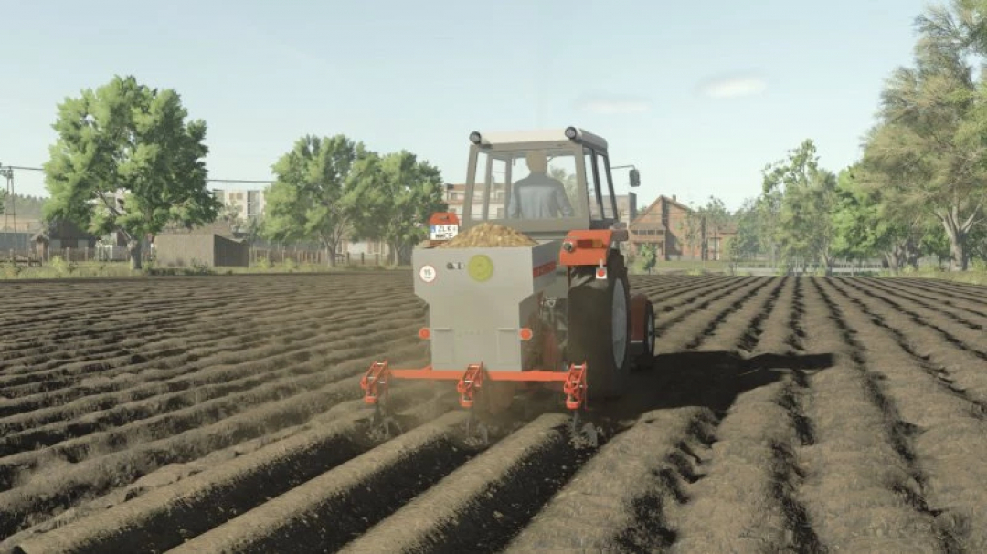 FS25 AGROZET SA2-074 mod in Farming Simulator 25, showing a tractor cultivating rows in a field.