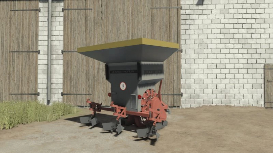 FS25 AGROZET SA2-074 mod in Farming Simulator 25, showcasing farm equipment with red and gray design near a barn.