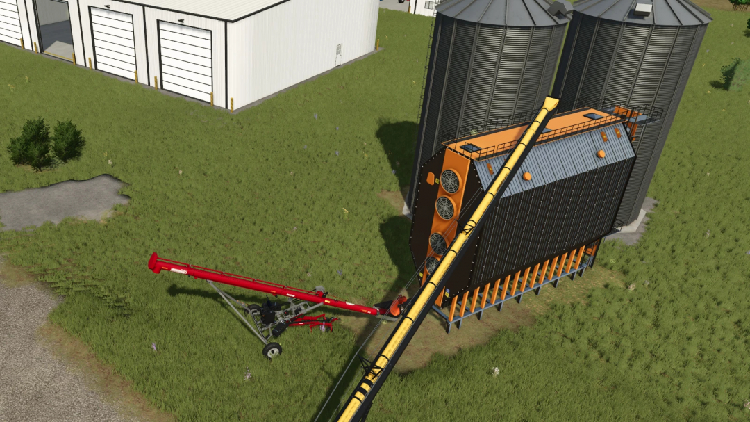 FS25 Grain Dryer mod with silos in Farming Simulator 25 game setting.