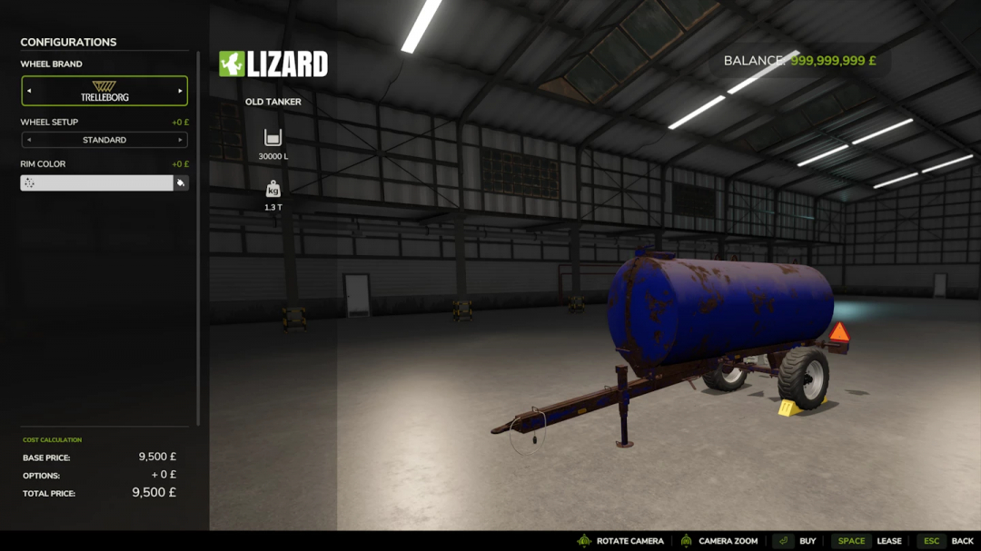 Lizard Old Tanker mod in Farming Simulator 25 showing configuration options and price.