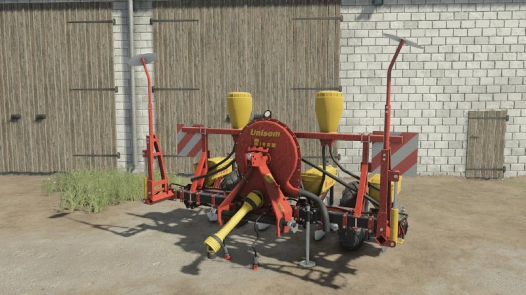 FS25 Rau Unisem MS4 MS6 mod in Farming Simulator 25, featuring detailed red and yellow seeder equipment.