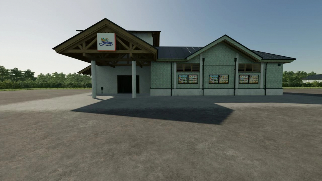 FS25 mod Family Supermarket v1.0.0.0 showing exterior with signage and modern architecture.