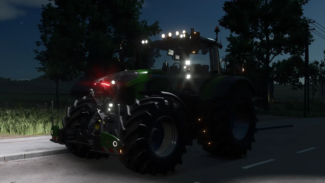 Fendt 700 tractor with Agribumper mod at night in FS25, showcasing lights and details.