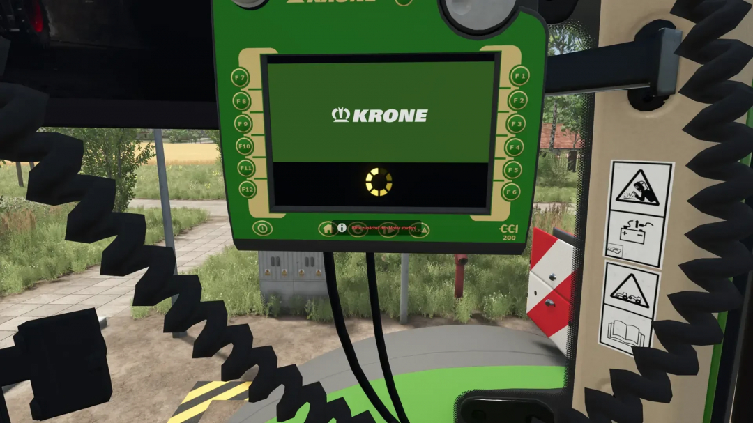 Close-up of Krone tractor monitor in FS25 mod, Fendt 700 with Agribumper v1.0.4.1, displaying interface and warning icons.