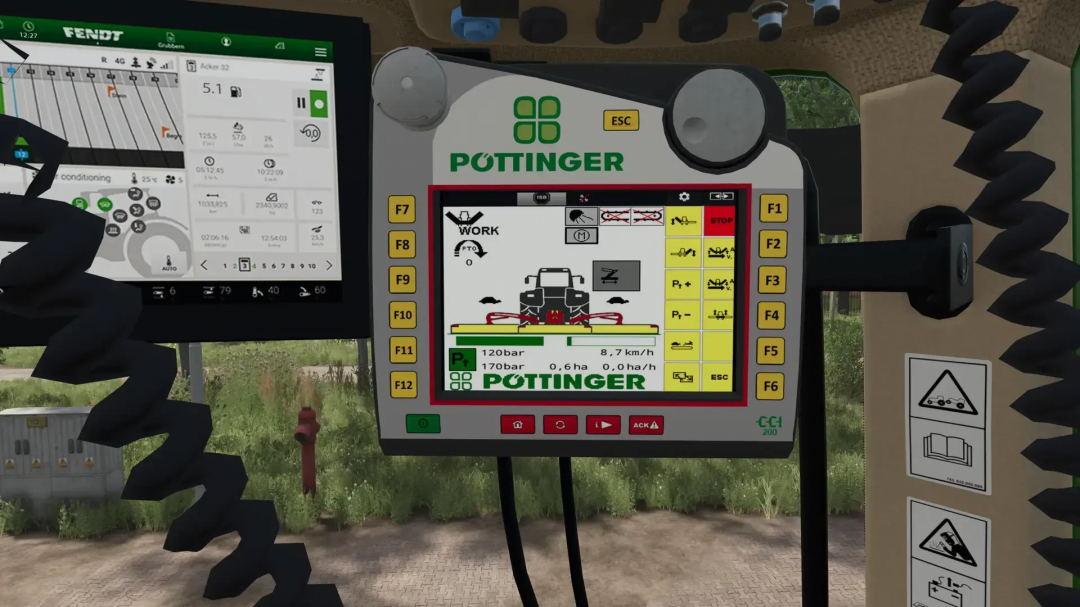 Farming Simulator 25 mod Fendt 700 with Agribumper showing Pöttinger control panel inside tractor cabin.