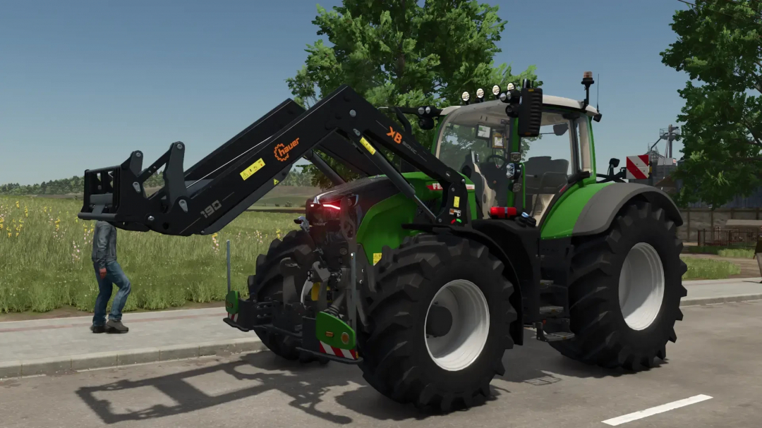 Fendt 700 with Agribumper mod in FS25, showcasing a green and black tractor on a rural road.