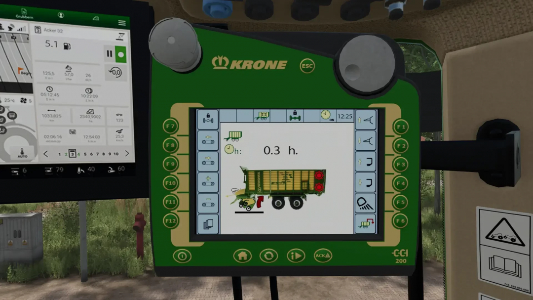 FS25 mod Fendt 700 Agribumper v1.0.4.1, Krone control screen showing machinery statistics.