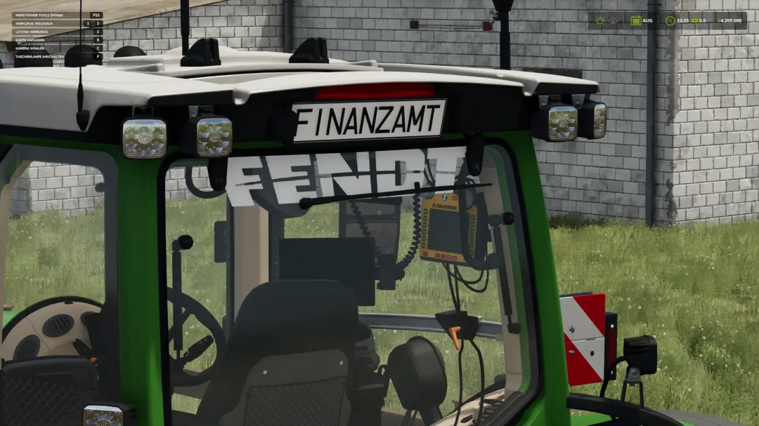 Close-up of Fendt 900 Agribumper in FS25 mod, showing the detailed cab interior with control panel.