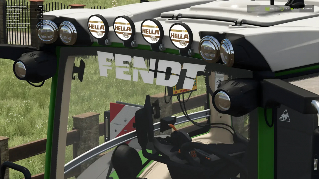 Close-up of Fendt 900 Agribumper mod in FS25, showing Hella lights on tractor windshield.