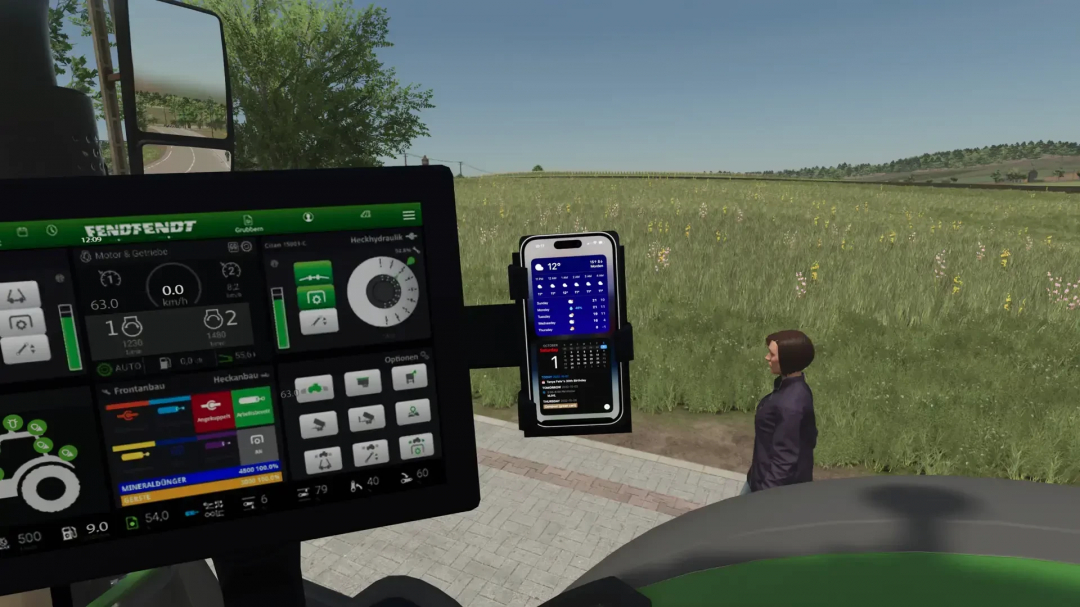 FS25 mod Fendt 900 Agribumper dashboard and smartphone display in a field setting.