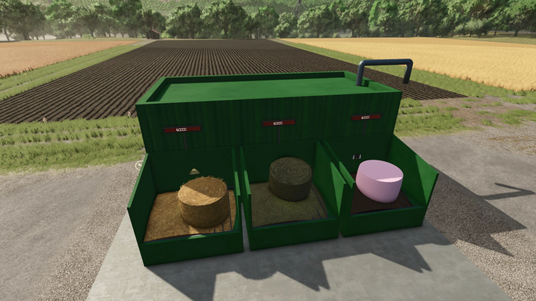 FS25 mod ForageStar 5000 v1.0.0.0 displaying three silage compartments with different bales on a farm.