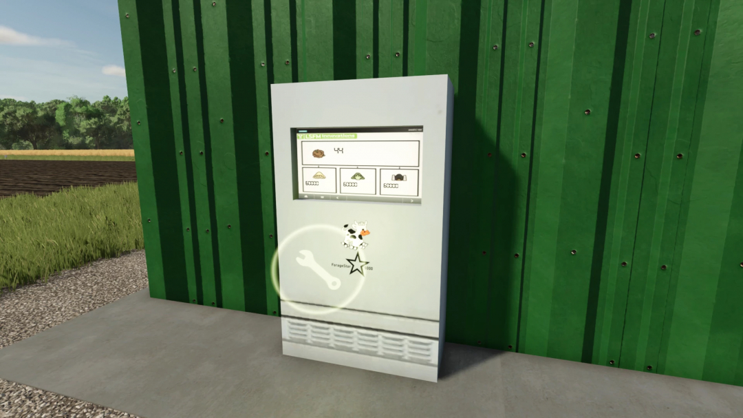 ForageStar 5000 mod interface in FS25, showing forage options on a white panel against a green wall.