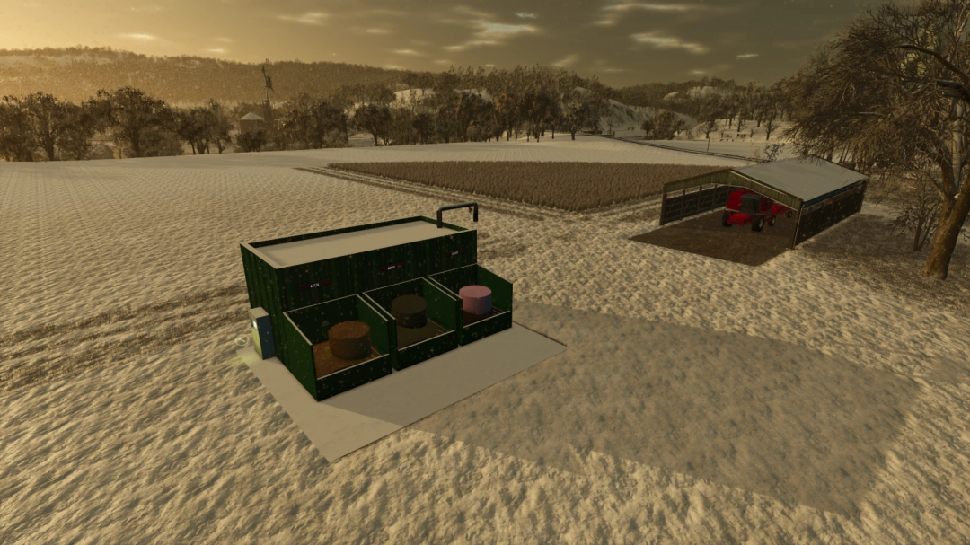 Snowy farm landscape in FS25 with ForageStar 5000 mod, featuring silage bales and a red vehicle in a shed.