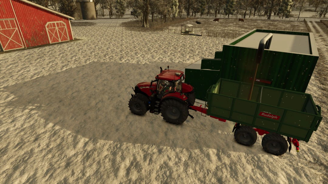 FS25 mod ForageStar 5000 v1.0.0.0 features a red tractor with green forage trailer in a snowy farm setting.