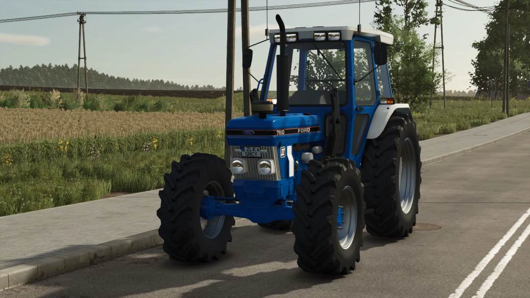 Ford 7810 Beta v1.0.0.0 mod in FS25, showcasing a blue tractor on a rural road in Farming Simulator 25.