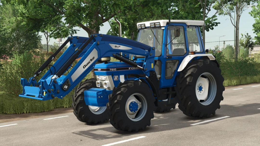 FS25 mod Ford 7810 tractor with front loader attachment on a road.