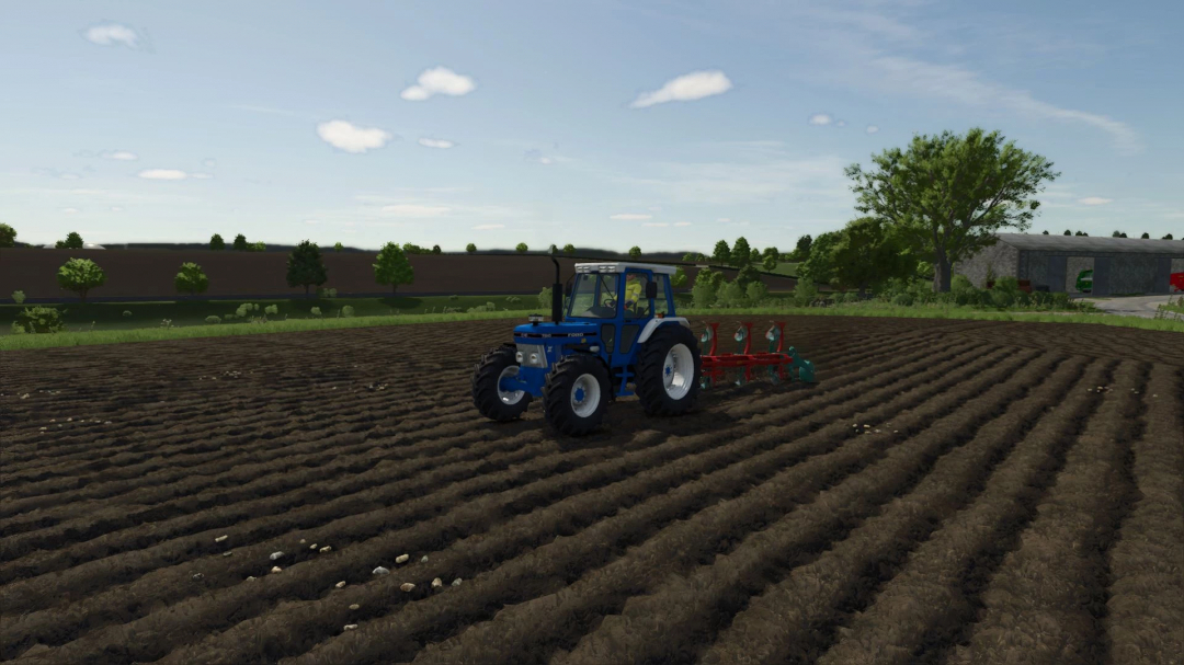 Ford Series 10 III tractor plowing field in FS25 mod pack.