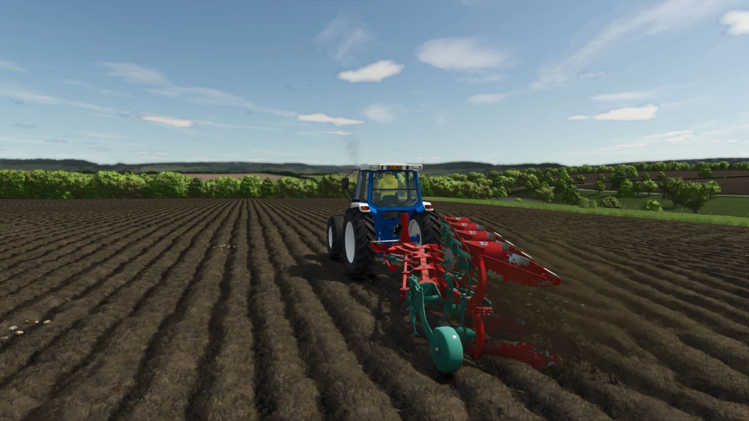 FS25 Ford tractor with plow in field, using Ford Series 10 III Pack mod for Farming Simulator 25.