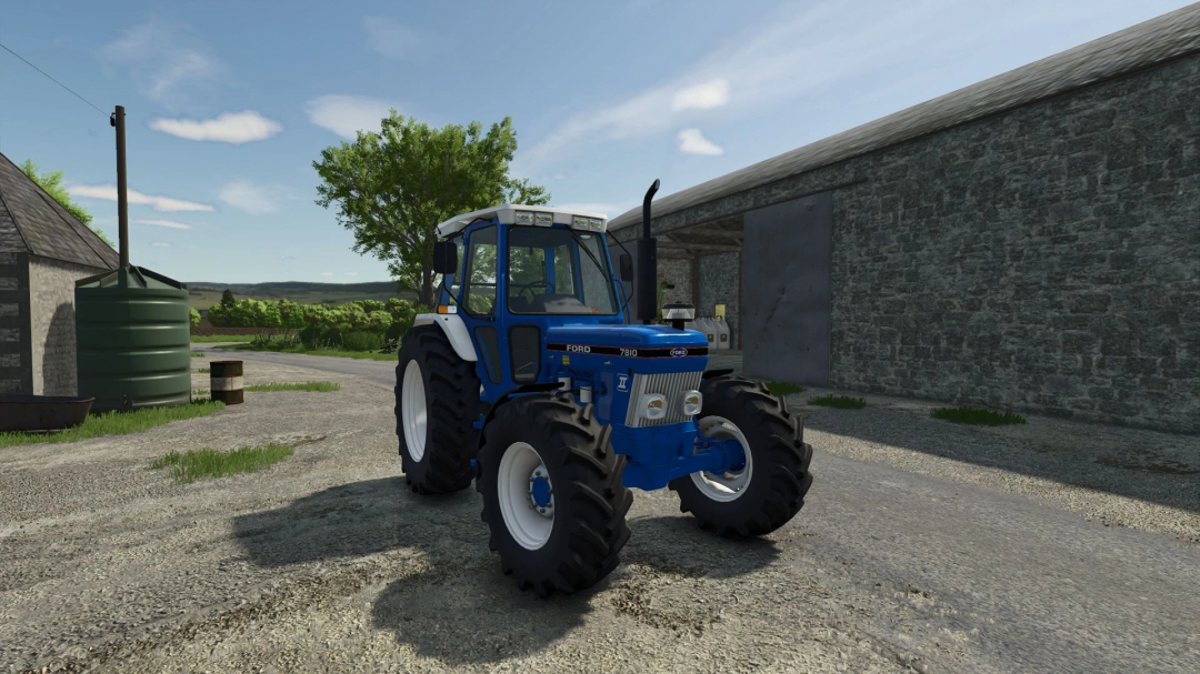 Ford Series 10 III tractor mod in FS25 near a barn on a farm.