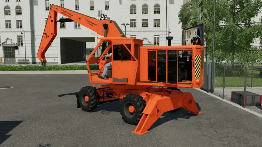 Fortschritt T-174 mod in FS22, an orange excavator on a city street, showcased in Farming Simulator 22 mods.